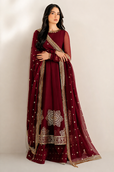 Naira – Wine Sequin Embroidered Chiffon Formal Suit
