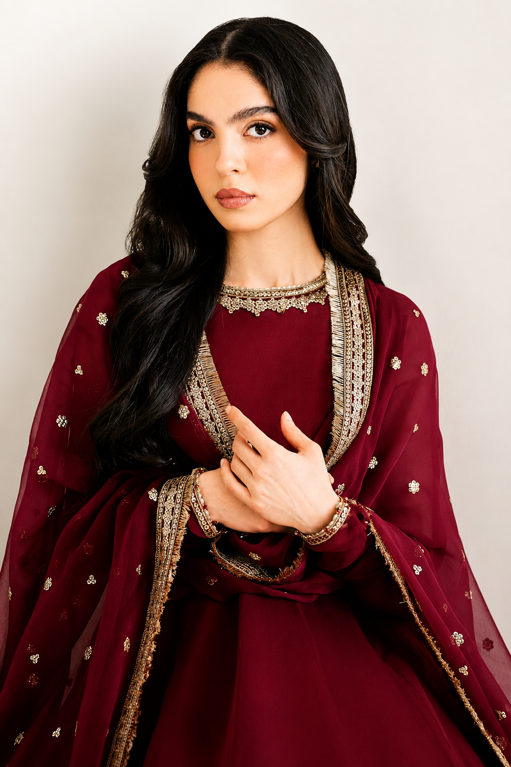 Naira – Wine Sequin Embroidered Chiffon Formal Suit