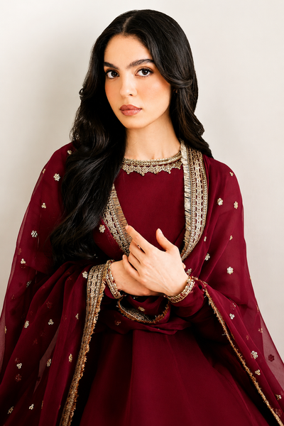 Naira – Wine Sequin Embroidered Chiffon Formal Suit