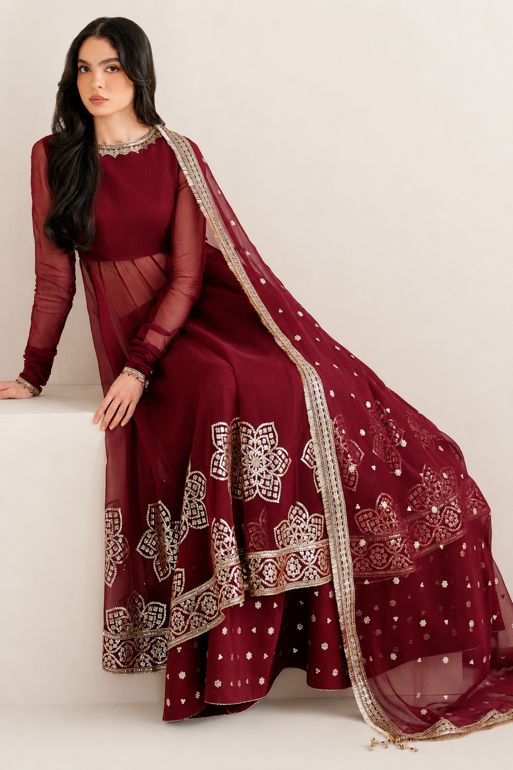 Naira – Wine Sequin Embroidered Chiffon Formal Suit