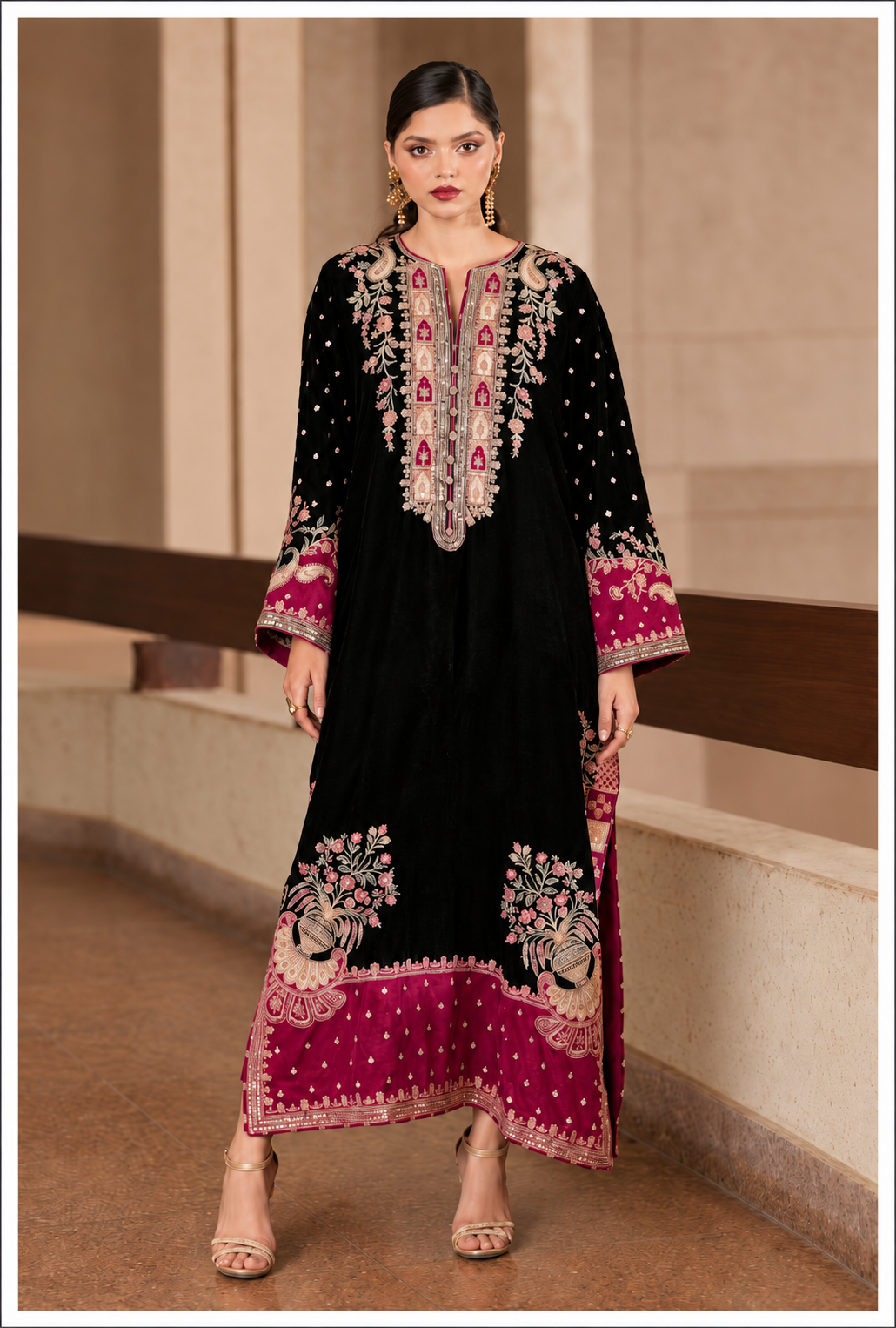 Sabeera – Ethnic Inspired Black Magenta Silk Kaftan