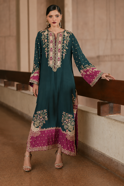 Noreen – Ethnic Inspired Teal Silk Kaftan Suit