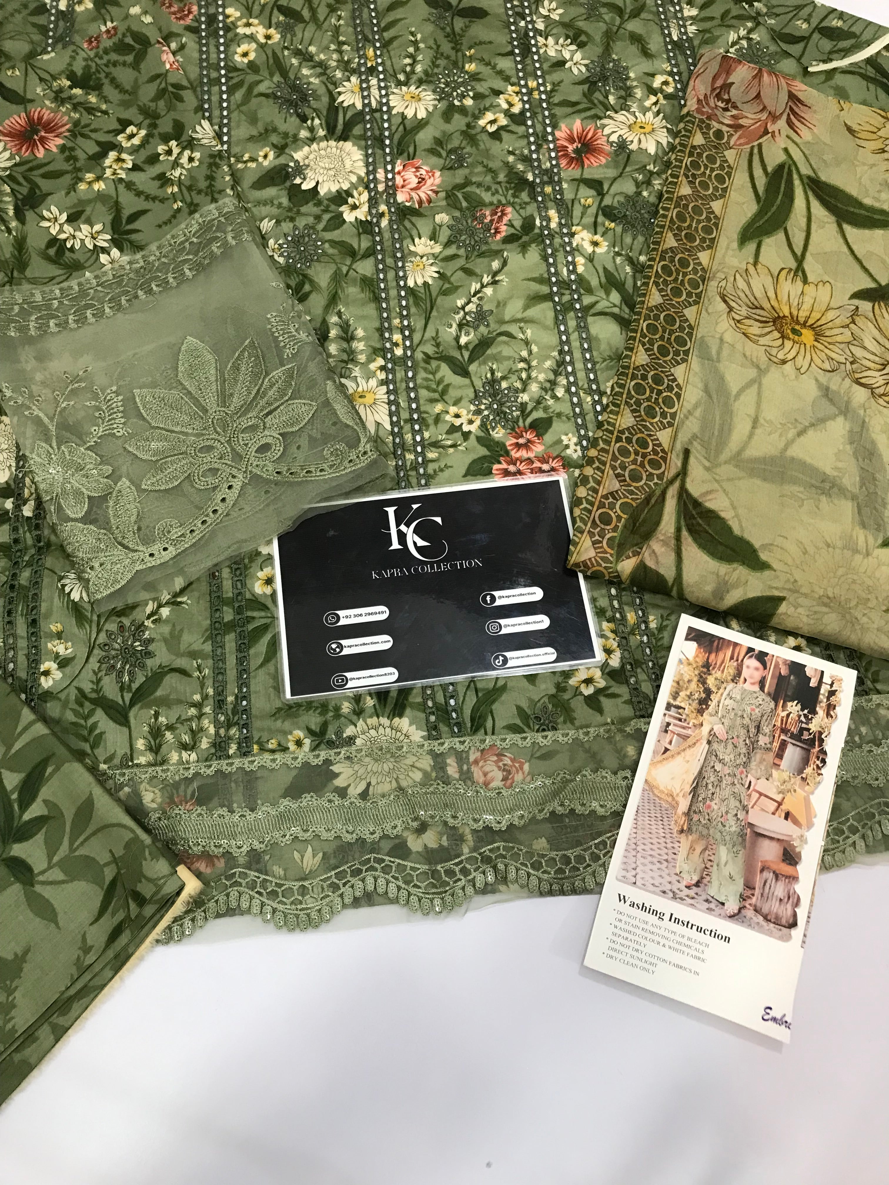Maria B Green Printed with chikankari Lawn Collection Replica - Kapra Collection