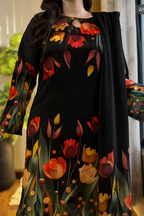 Digital Print Silk 3Pcs (3D FLOWERS) Black - Kapra Collection