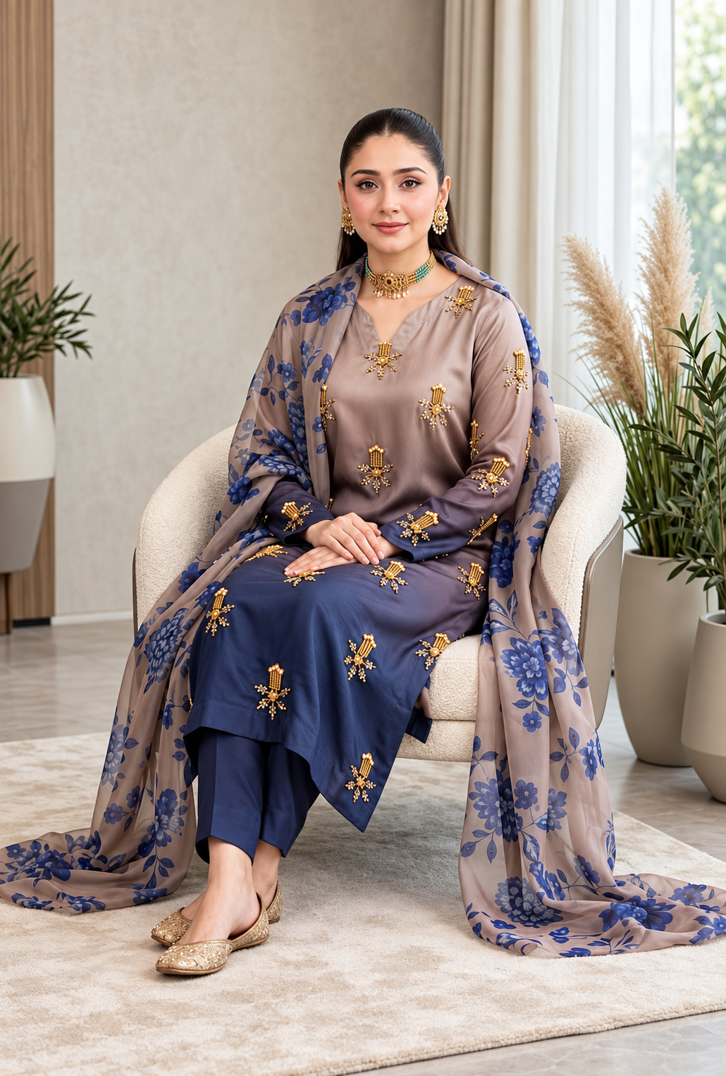 Sahiba – Taupe Navy Adda Work Shamoze Silk Suit