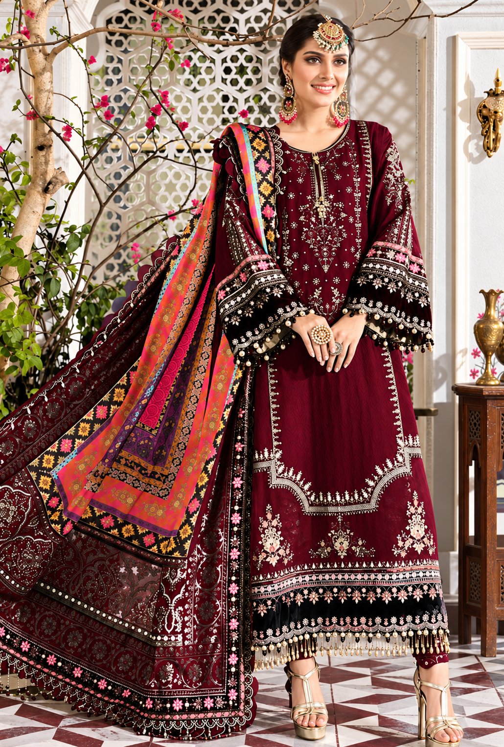 Shafaq – Maroon Gold Embroidered Chiffon Suit