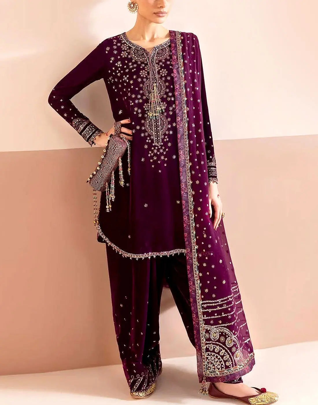 Embroidered Velvet 3piece Dress