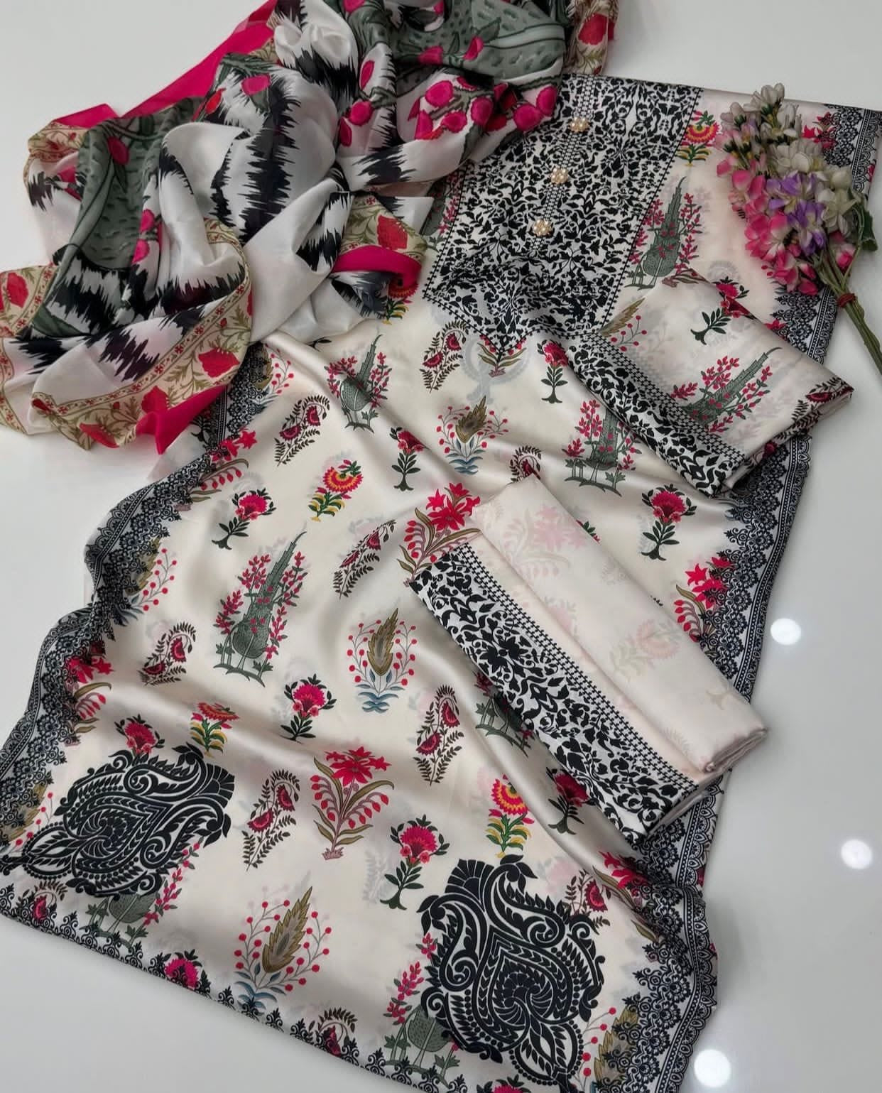 Shamoze Silk Unstitched 3piece Dress