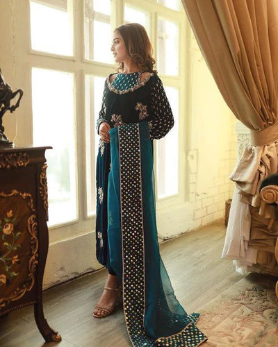 Afrozeh zinc micro velvet suit unstitched by Kapra collection - Kapra Collection