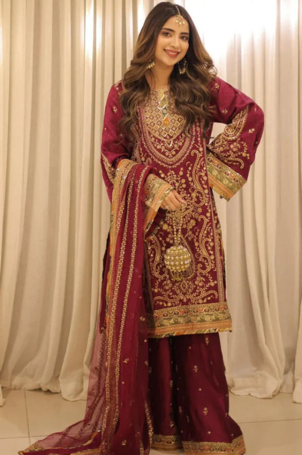 03-Piece Embroidered Silk Suit With Net Dupatta | Unstitched