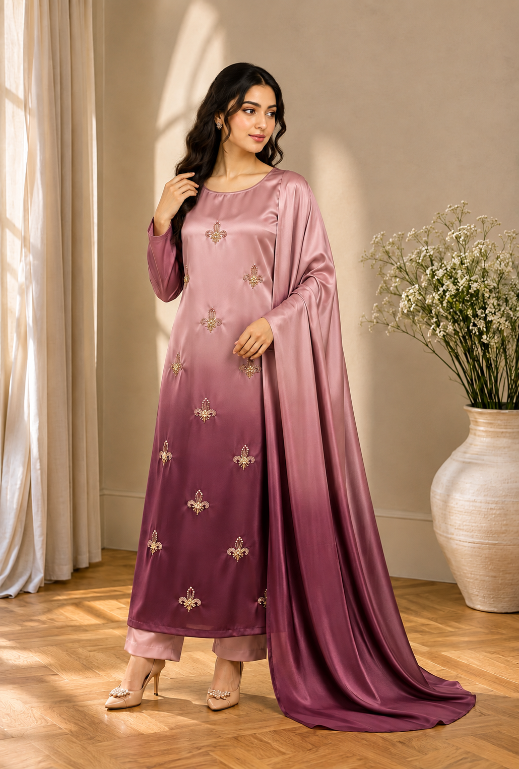 Mehru – Dusty Rose Wine Adda Work Shamoze Silk Suit