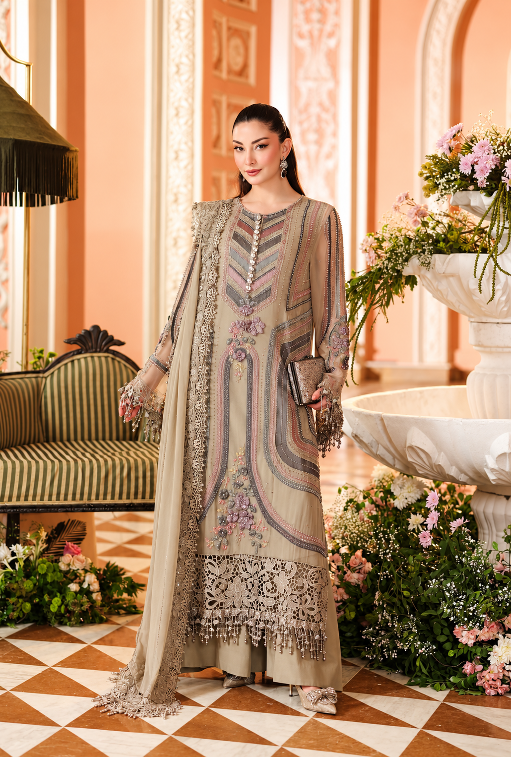Nayelah – Champagne Bloom Embroidered Chiffon Suit