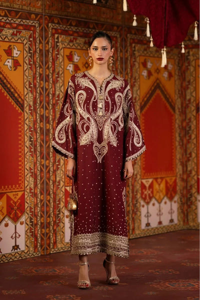 Yusra – Ethnic Inspired Maroon Silk Kaftan Suit