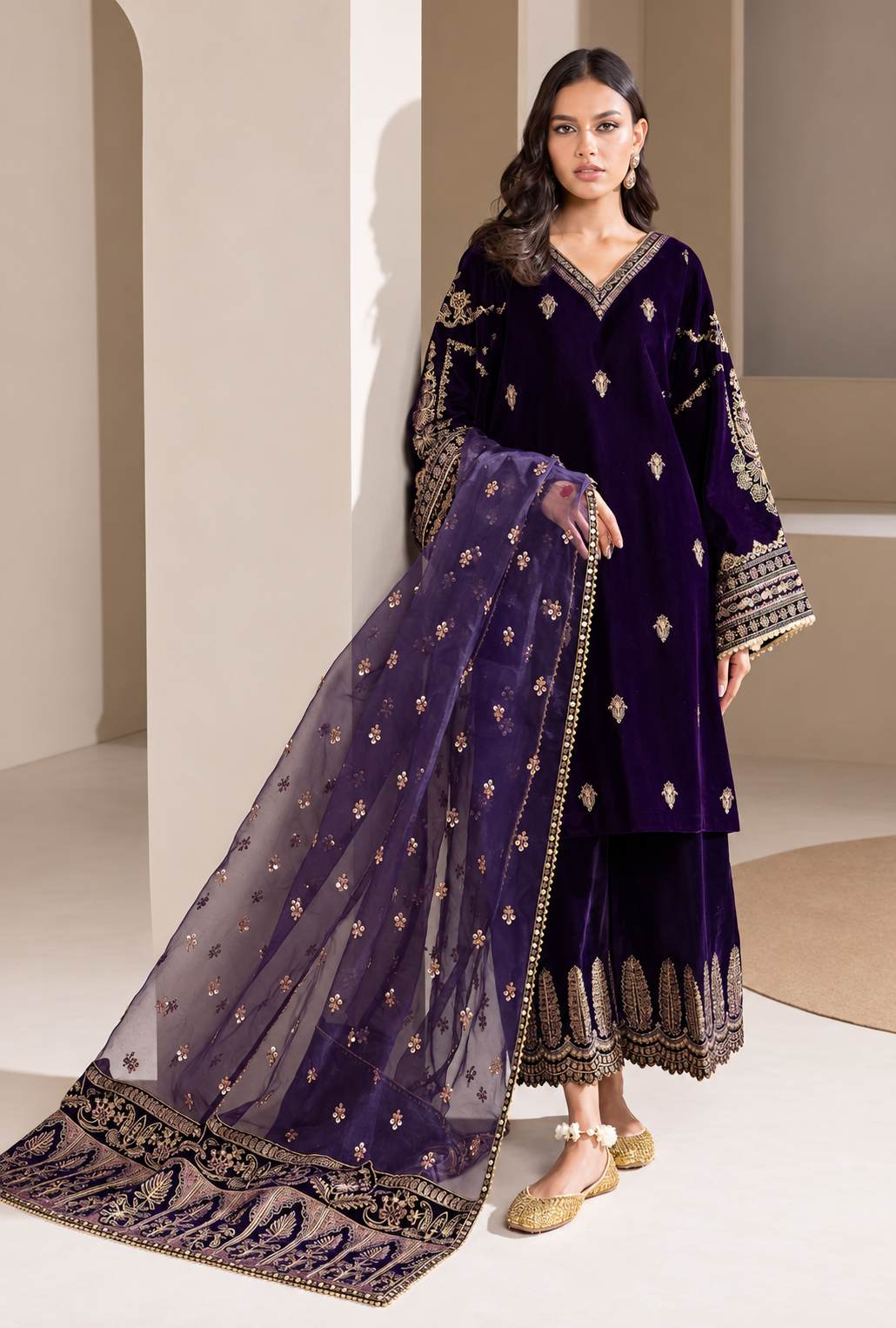 Nareesa – Royal Plum Embroidered Velvet Suit