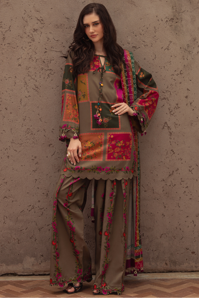 03-Piece Digital Printed Shamoze Silk Dress - Kapra Collection