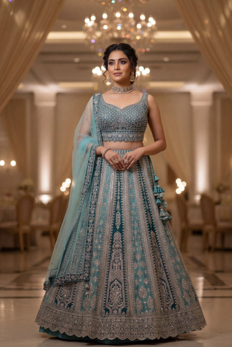 03-Piece Embroidered Silk Lehnga With Net Dupatta - Unstitched
