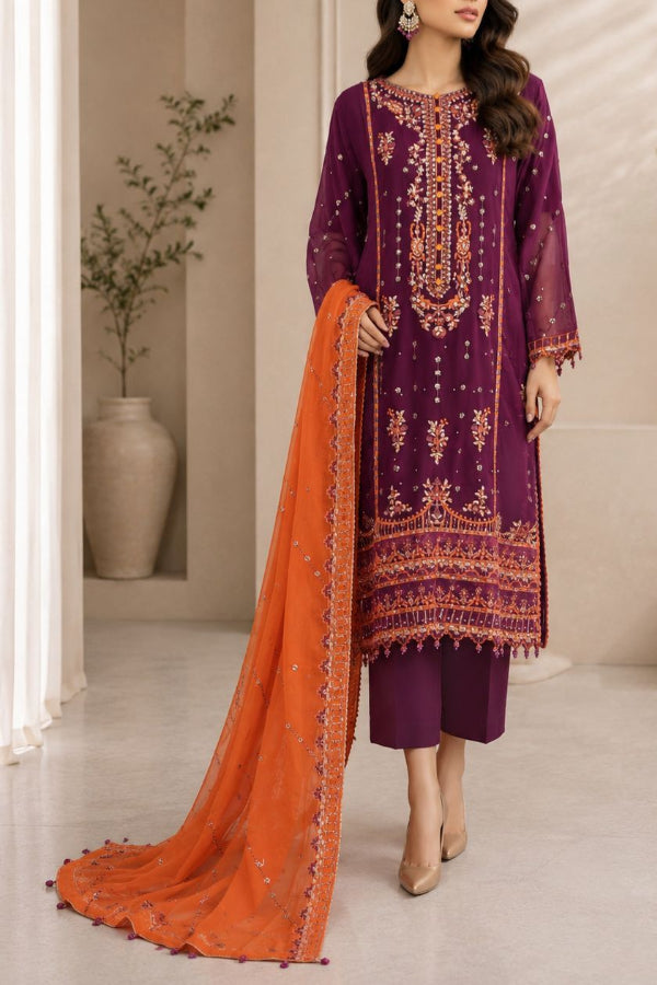 03-Piece Chiffon Suit With Embroidery | Unstitched