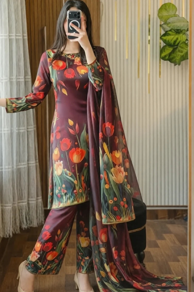 Digital Print Silk 3pcs (3D FLOWERS) - Kapra Collection