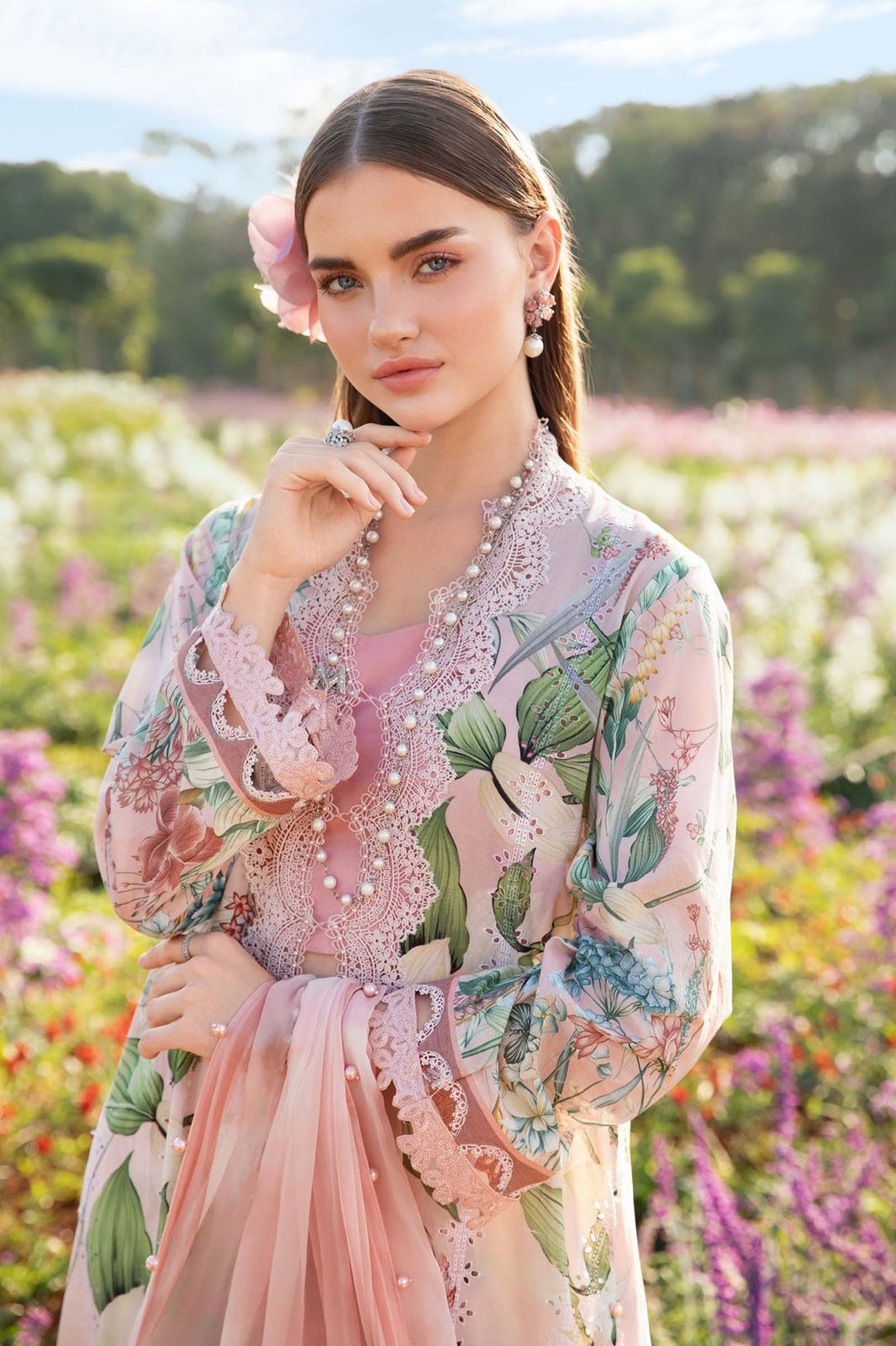 Maria b peach chikan digital printed replica - Kapra Collection