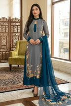 Grey & Slate Blue - 03 Piece Silk Suit | Unstitched