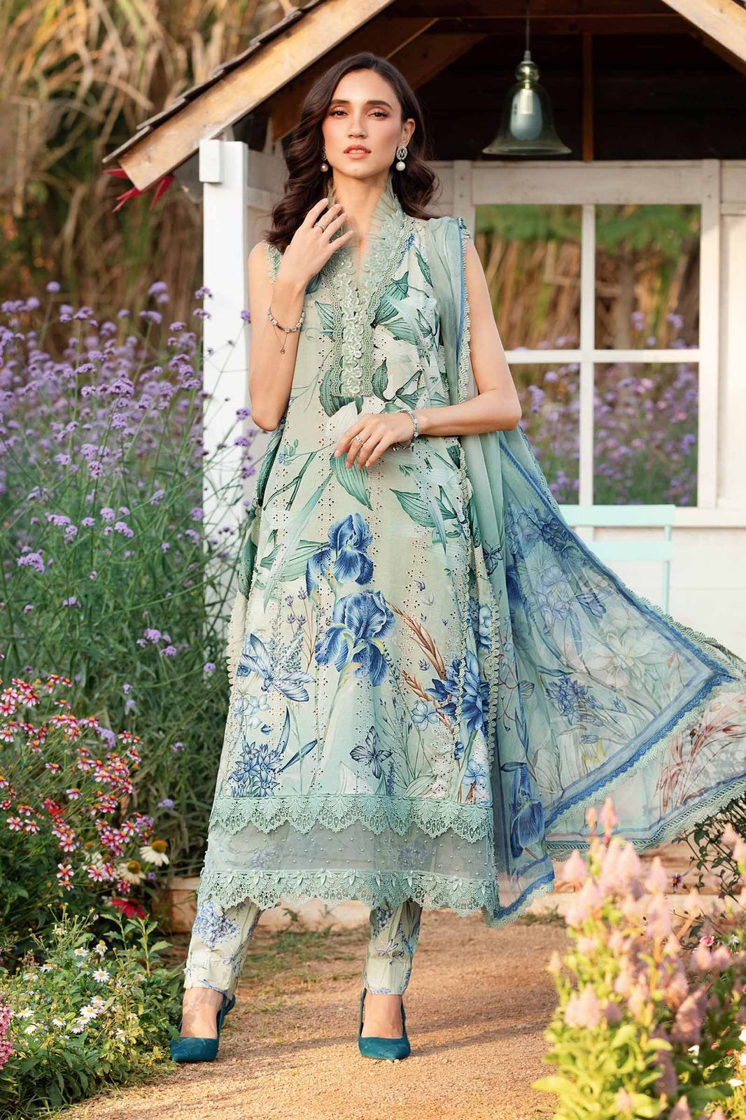 Maria b green chikan digital printed replica - Kapra Collection
