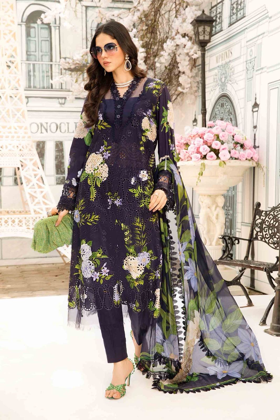Neavy Blue 3 Piece Unstitched Lawn Embroidered  Suit