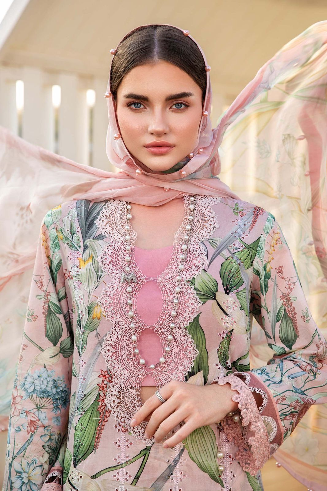 Maria b peach chikan digital printed replica - Kapra Collection