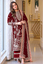 Zarisha – Burgundy Gold Embroidered Velvet Suit