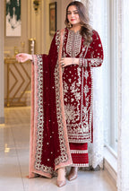 Zarisha – Burgundy Gold Embroidered Velvet Suit