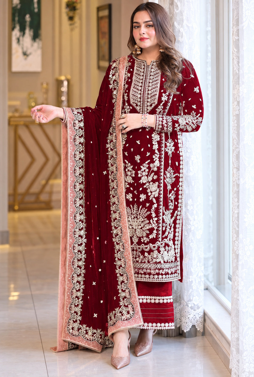 Zarisha – Burgundy Gold Embroidered Velvet Suit