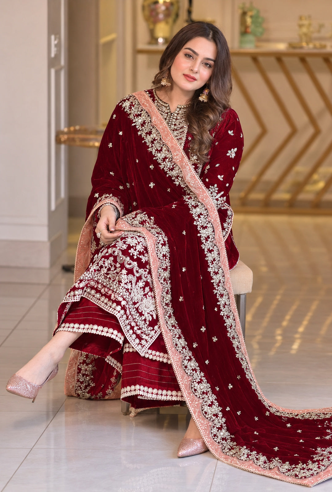 Zarisha – Burgundy Gold Embroidered Velvet Suit
