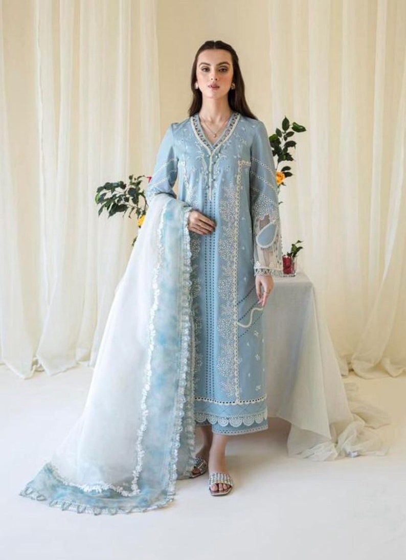 Luxury sky blue embroidered chikankari replica - Kapra Collection