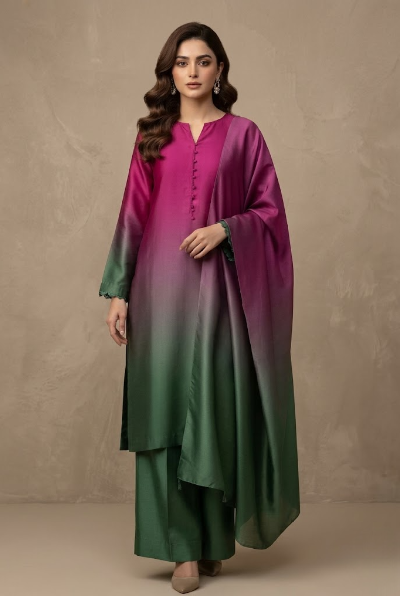 Plum & Forest Fusion - 03 Piece Silk Suit | Unstitched