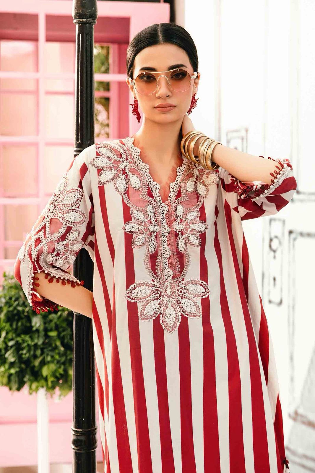 3 Piece Unstitched Lawn Suit Red Strip