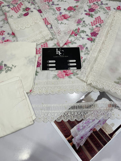 Unstitched Lawn Embroidered White Dress - Kapra Collection