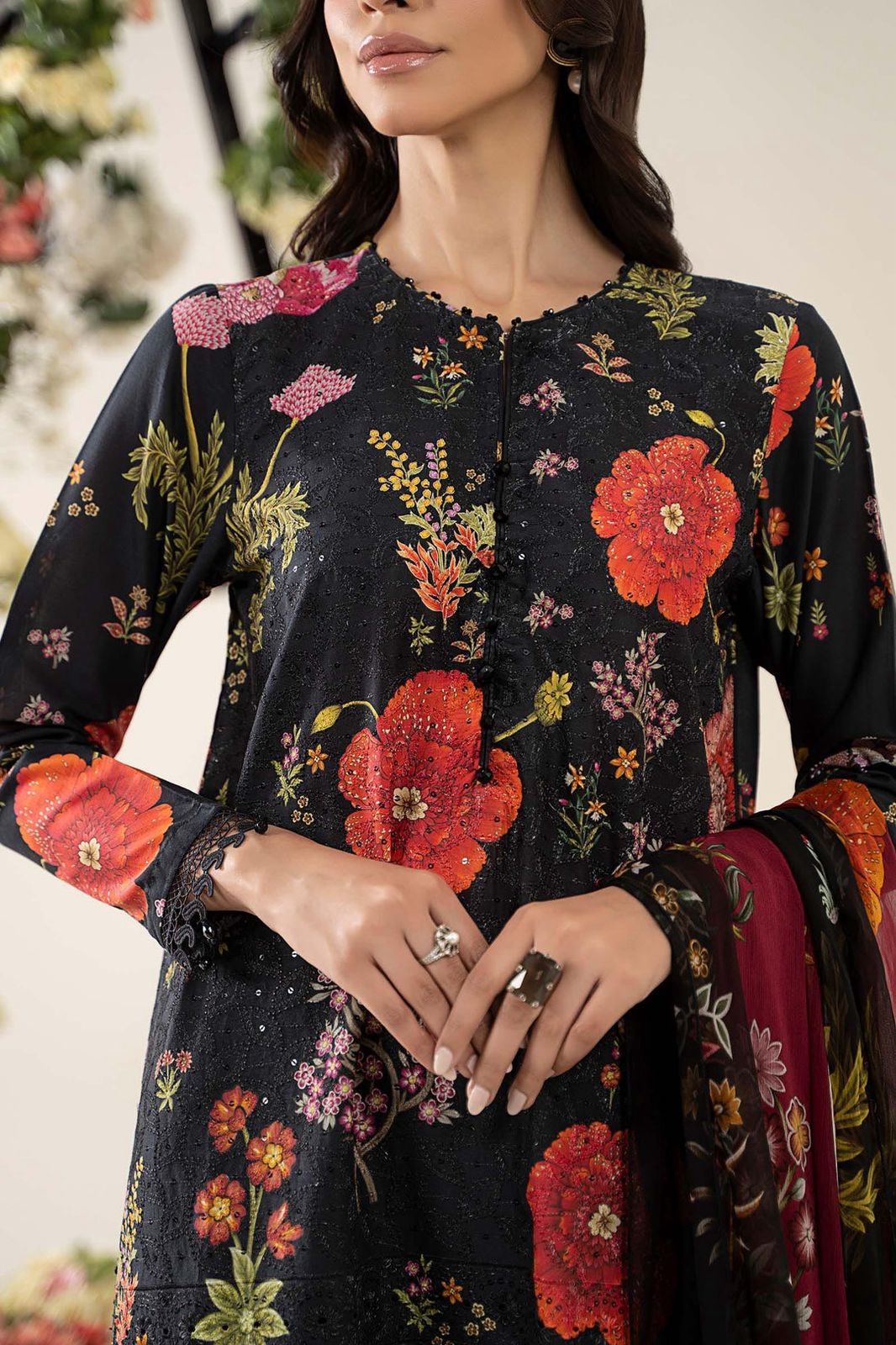 Maria b 3 piece unstitched Embroidered black dress – Kapra Collection