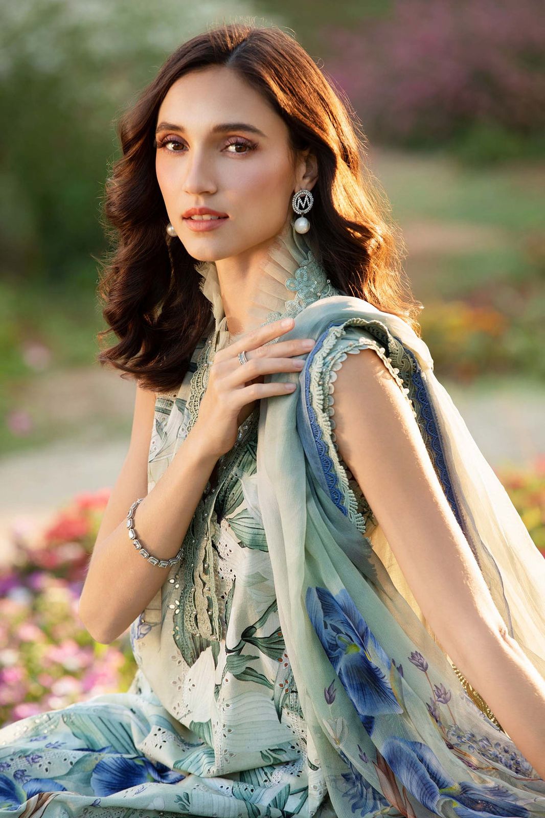Maria b green chikan digital printed replica - Kapra Collection