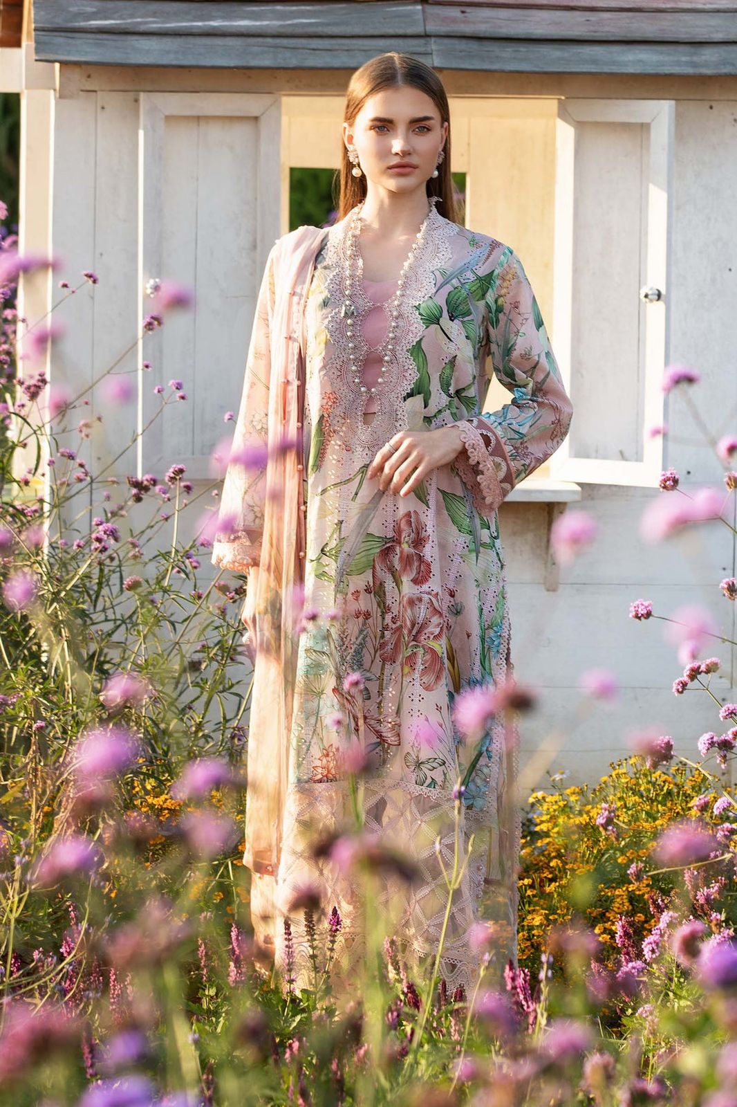 Maria b peach chikan digital printed replica - Kapra Collection