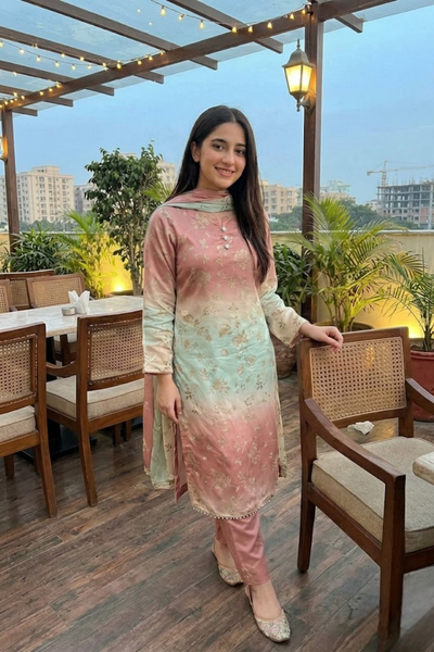 Rose & Mint Ombre - 03 Piece Silk Suit | Unstitched
