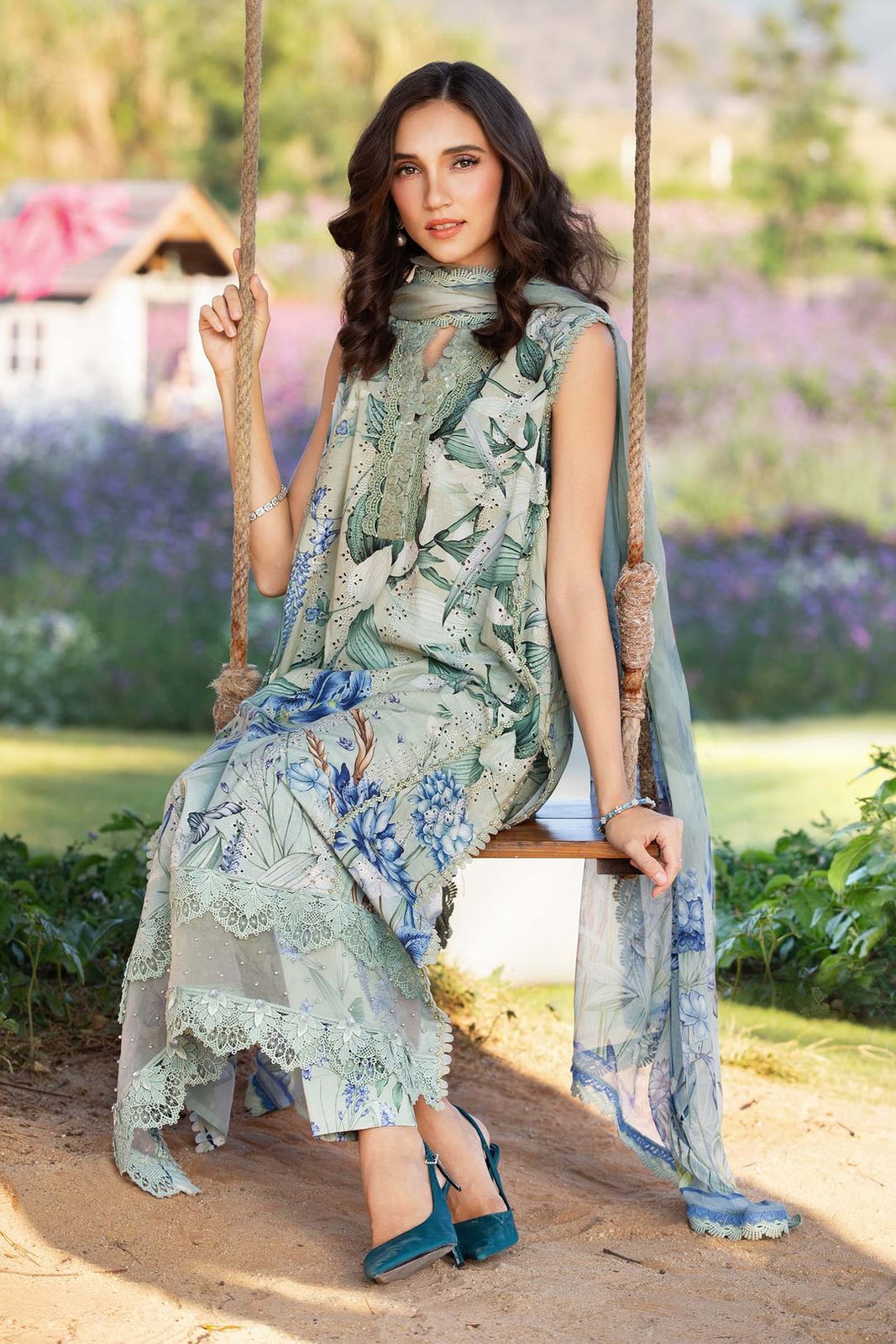 Maria b green chikan digital printed replica - Kapra Collection