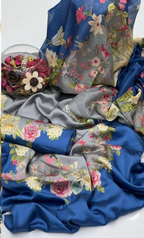 Grey & Slate Blue - 03 Piece Silk Suit | Unstitched