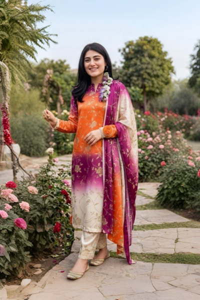 Orange & Magenta Ombre - 03 Piece Silk Suit | Unstitched