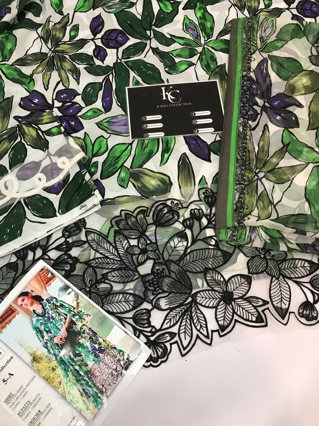 3-piece unstitched printed lawn suit in the "M print" style. These are typically fabric sets for making summer outfits The three pieces usually include: - Kapra Collection