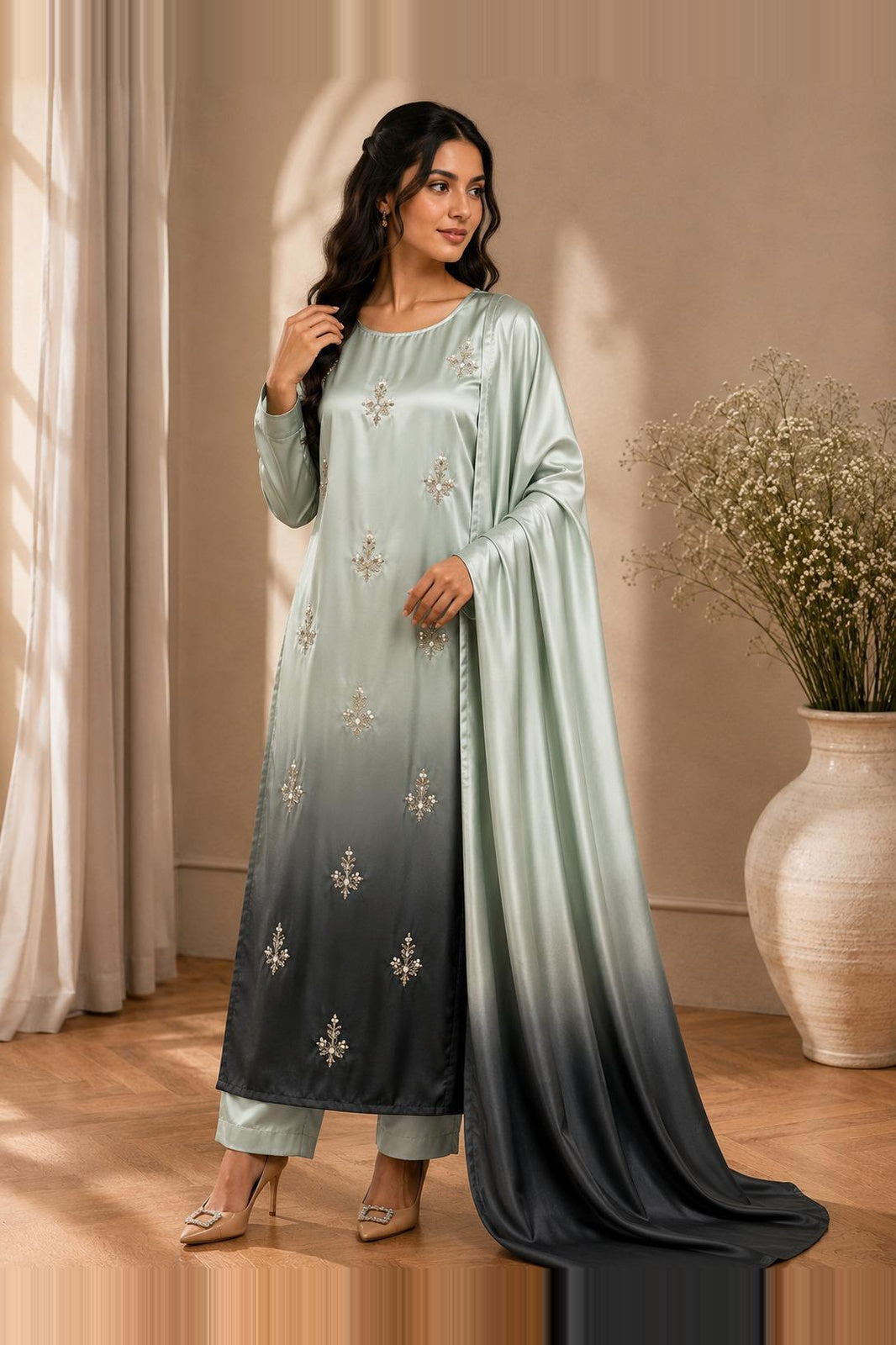 Muneeza – Sage Ombre Embroidered Shamoze Silk Suit