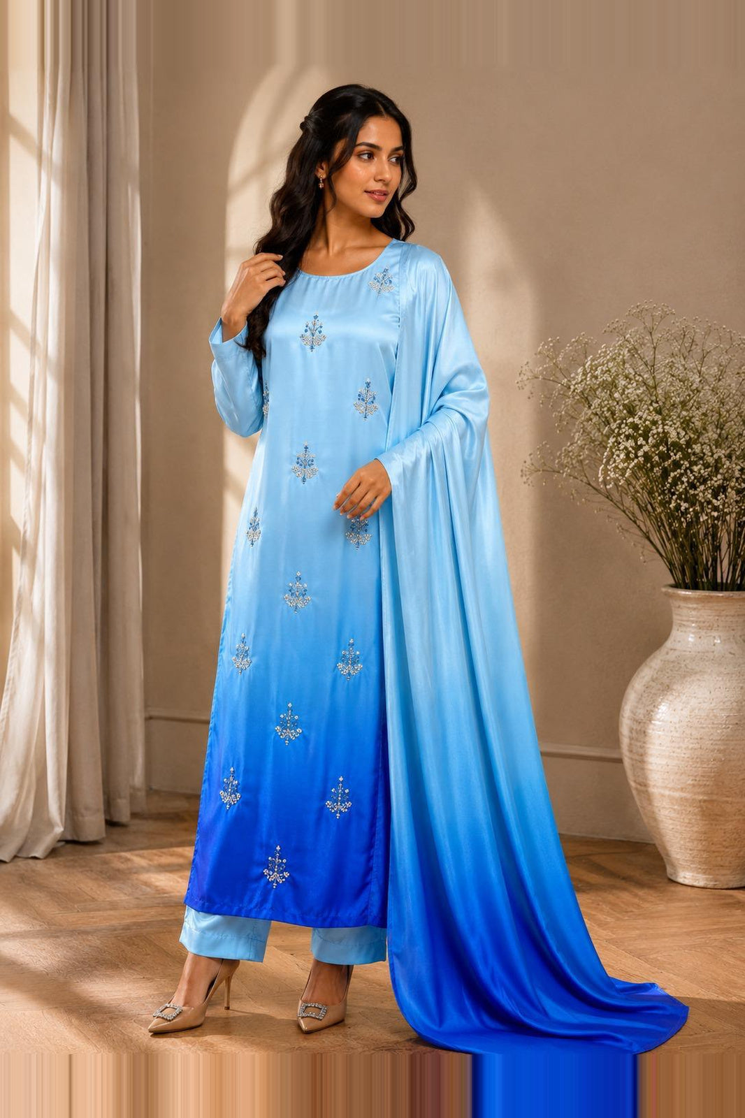 Zehra – Azure Ombre Shamoze Silk Suit