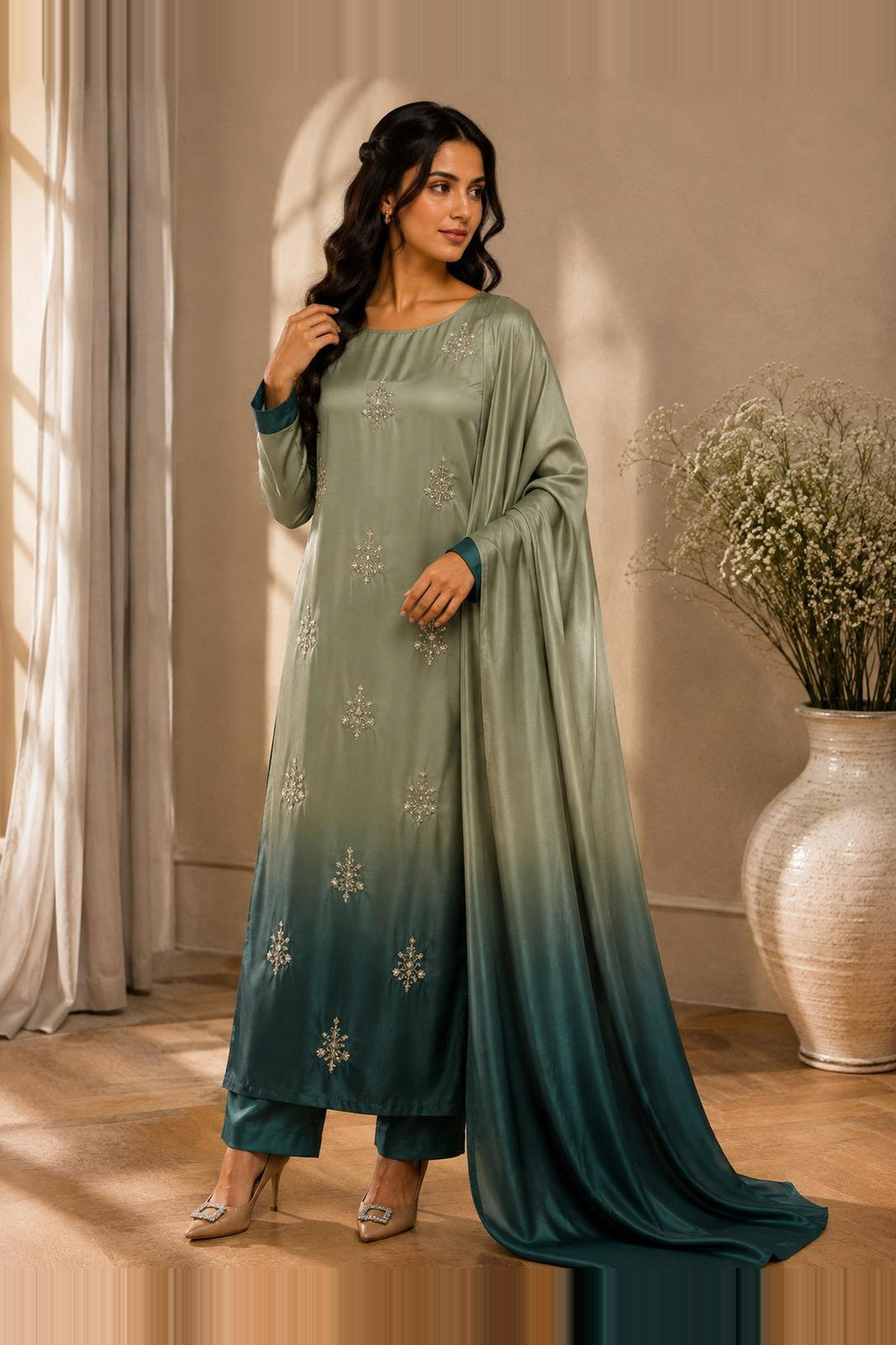 Mareeha – Sage Emerald Shamoze Silk Suit