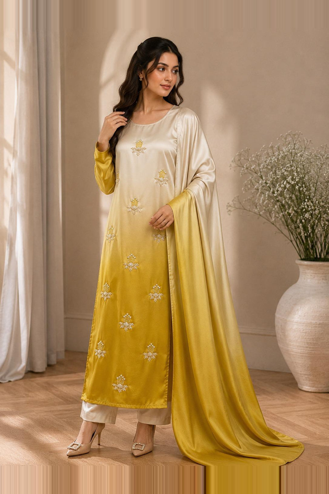 Sabeeka – Ivory Mustard Shamoze Silk Suit