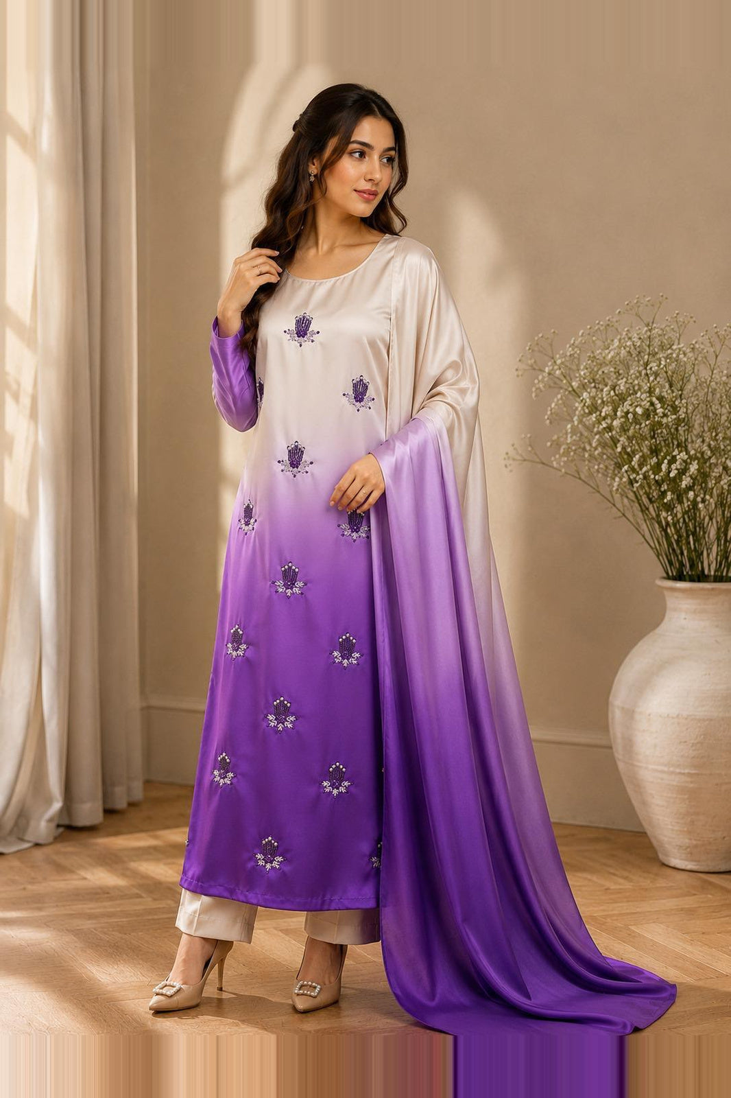 Lareeb – Ivory Violet Shamoze Silk Suit