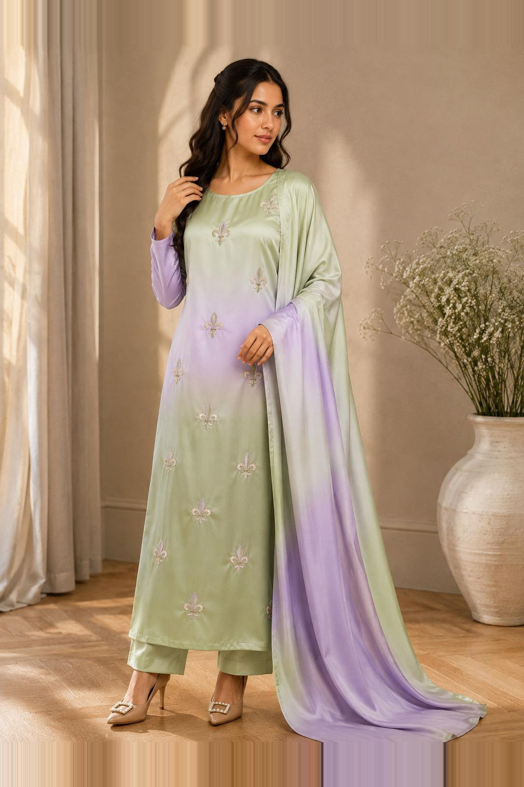 Saniya – Sage Lilac Shamoze Silk Suit