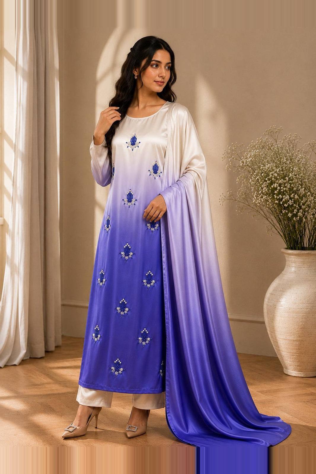 Maham – Ivory Periwinkle Shamoze Silk Suit